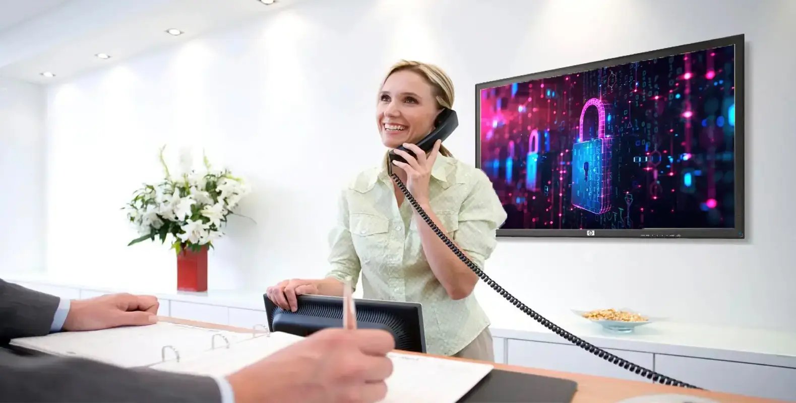 A receptionist in a hotel with a digital signage in background