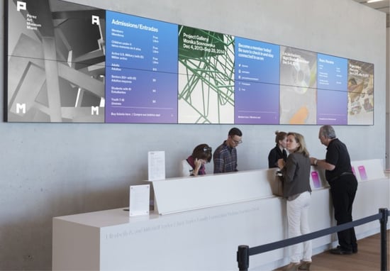 Museum reception with digital signage displaying admissions and event info.