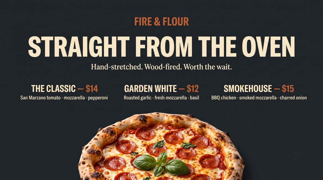 Pizza menu board design on a digital screen