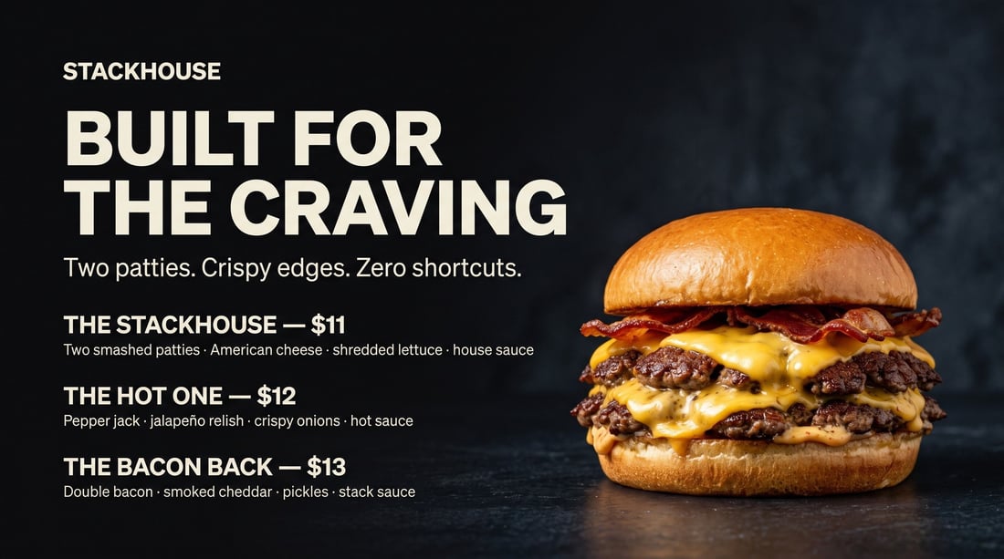 Burger menu board design on a digital screen
