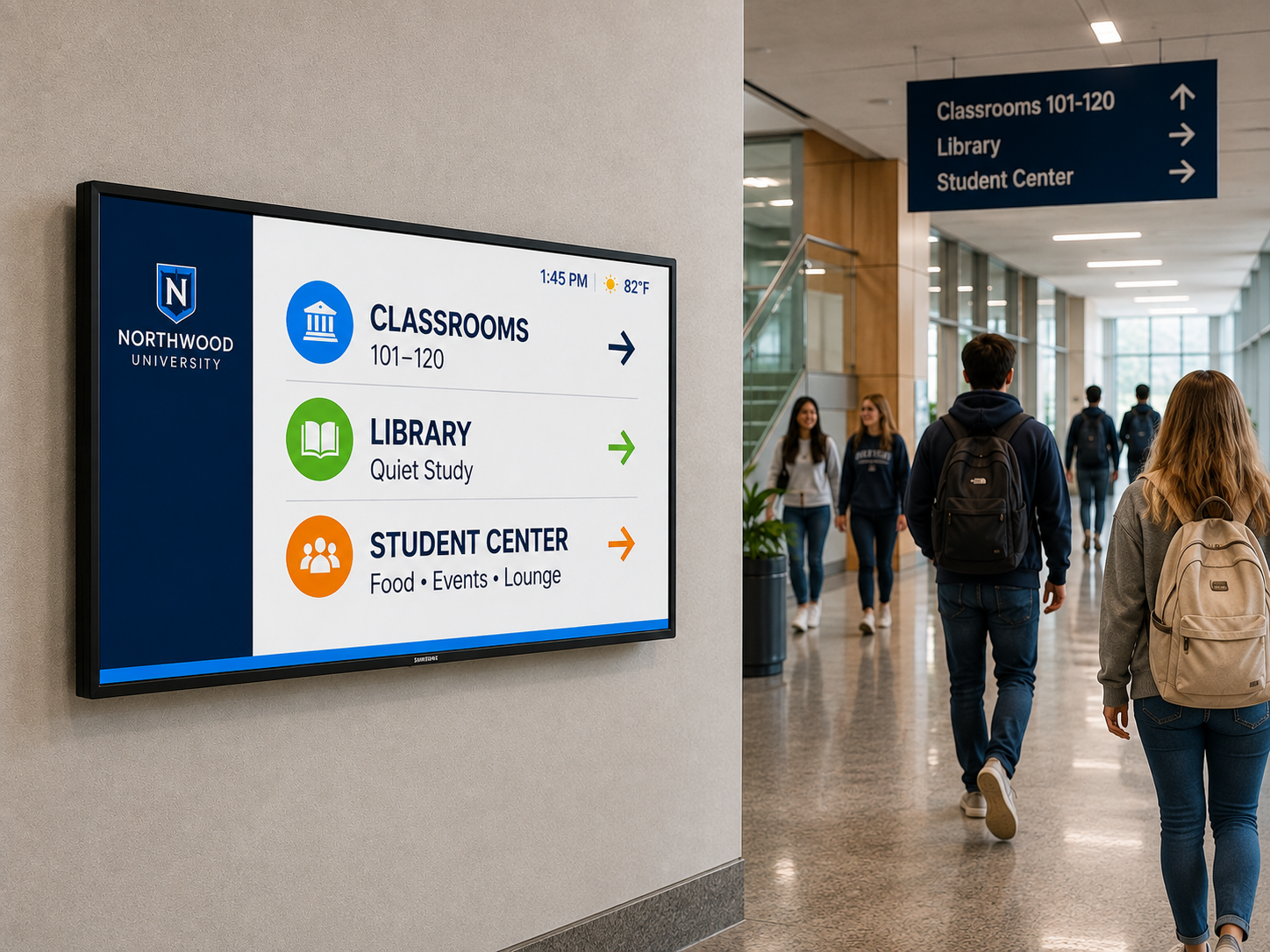 Campus wayfinding display guiding students and visitors