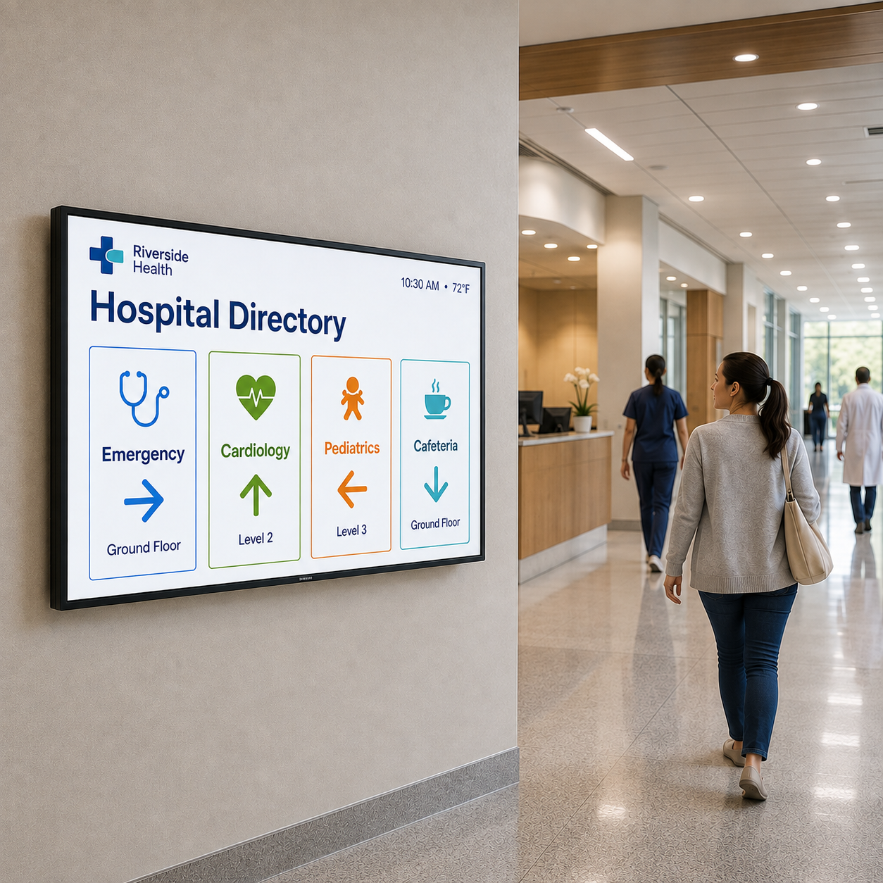 Facility wayfinding display in a healthcare building