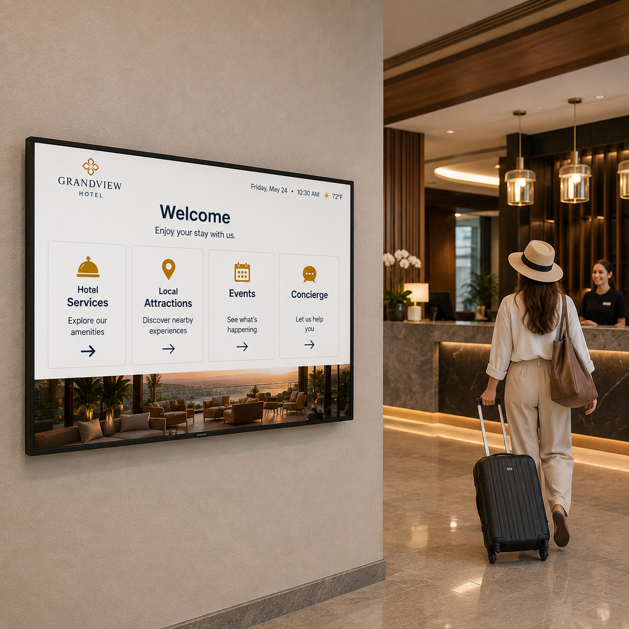 Hotel welcome screen greeting guests