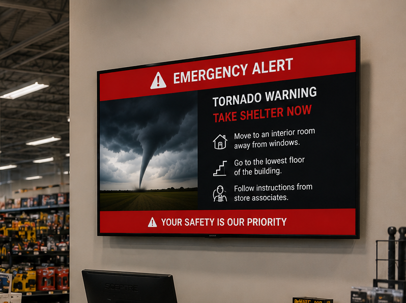 Emergency alert taking over a campus digital signage screen