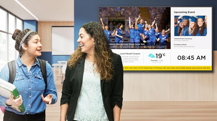 University campus communication screen with announcements