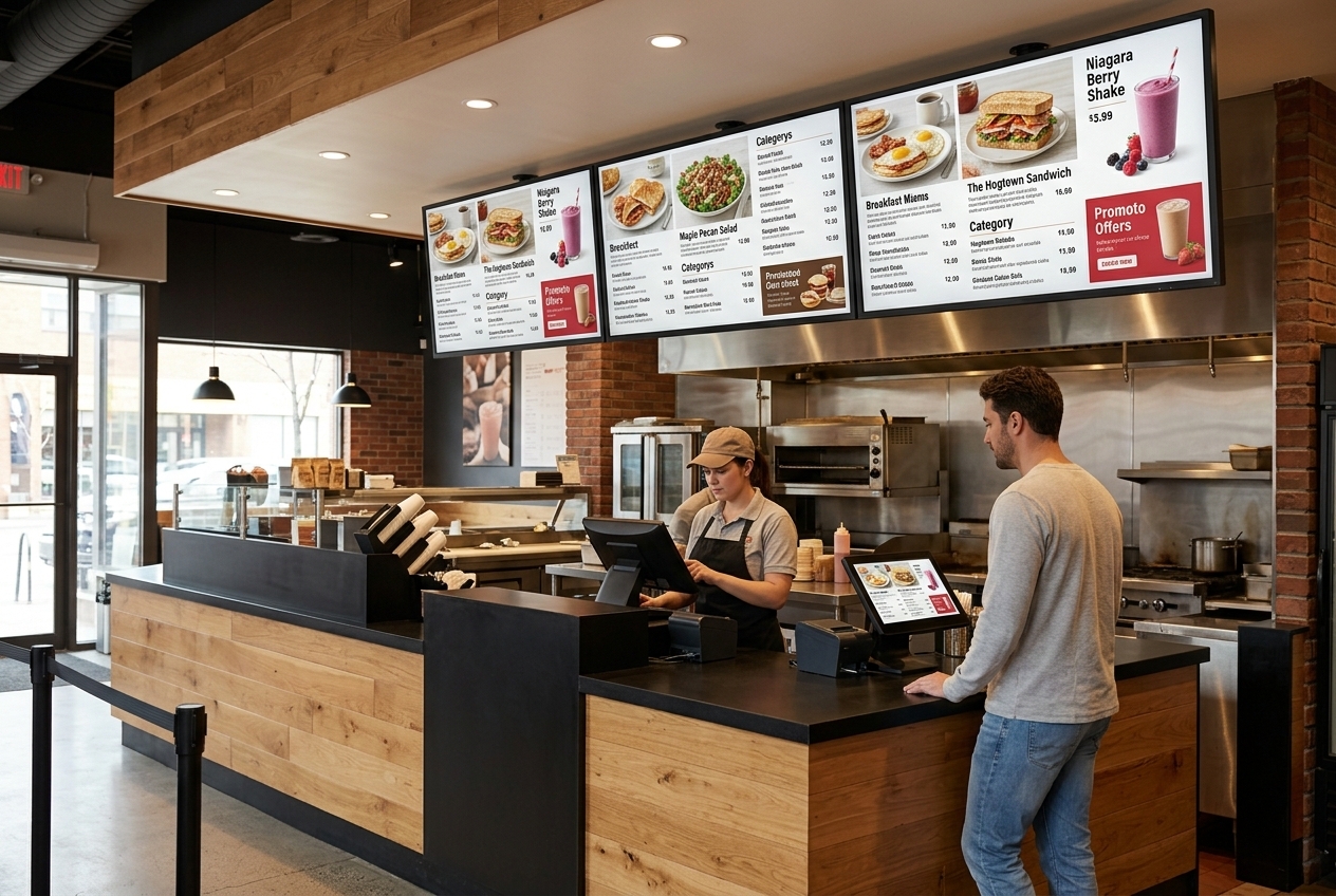 Digital menu boards above a quick-service restaurant counter